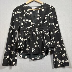 BCBG Floral Peplum Babydoll Top XXS Long Sleeve Romantic Y2K Feminine Black